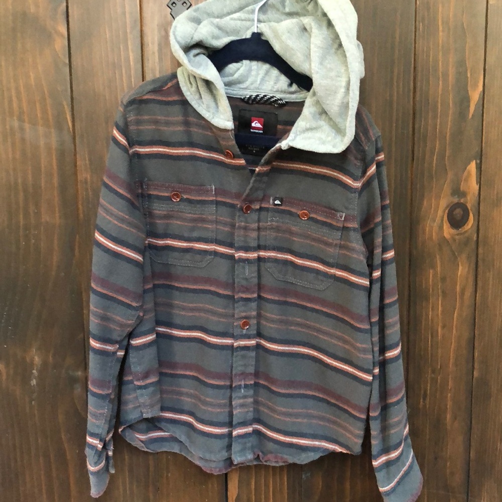 Quicksilver striped button down shirt with hood 6